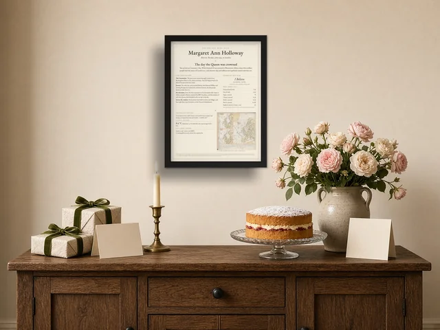Day You Were Born example print in a black frame, shown in a styled living room set for a milestone birthday, above an oak sideboard with roses and a cake