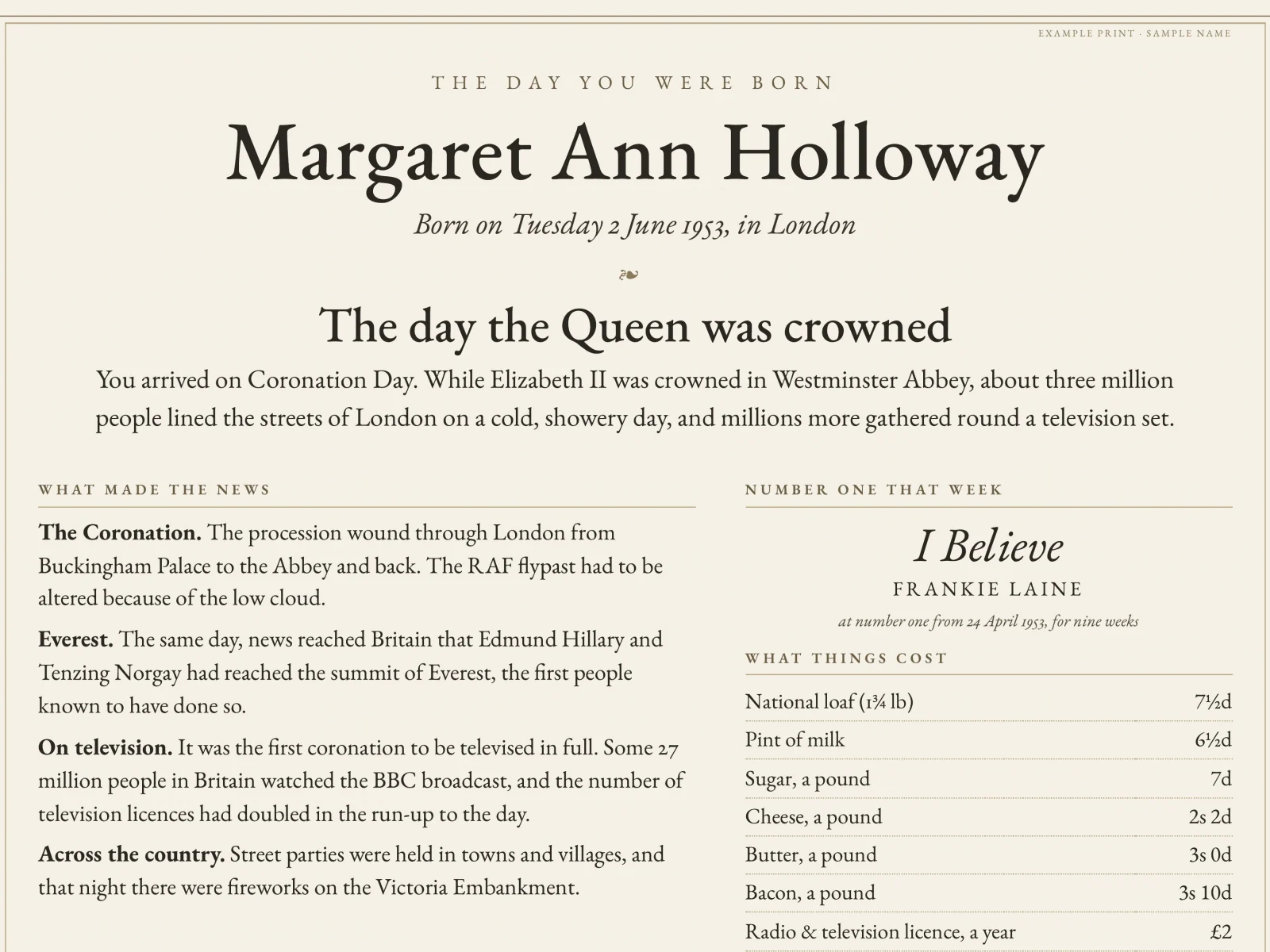 Our Day You Were Born example print for Margaret Ann Holloway (a sample name), born on Coronation Day, 2 June 1953: her name, the day the Queen was crowned, what made the news, that week's number one and what things cost