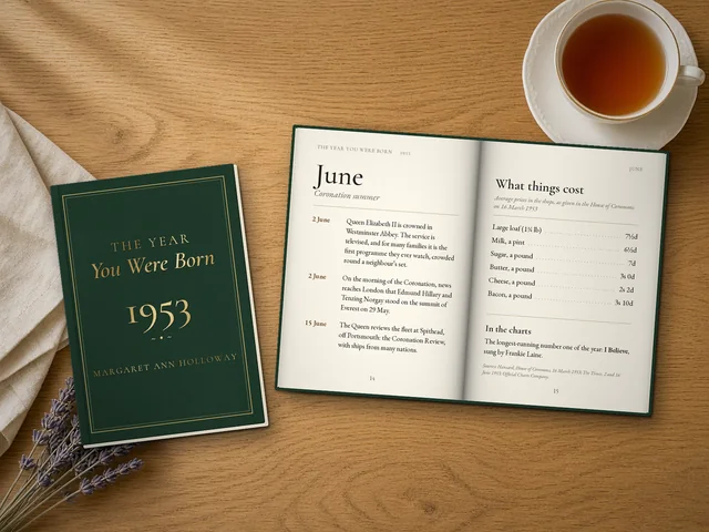 Illustration of The Year You Were Born almanac open at June 1953, beside the green cloth hardback, on an oak table