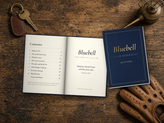 Illustration of a Car Biography hardback for a car called Bluebell (a sample name), open at the contents, on a workbench