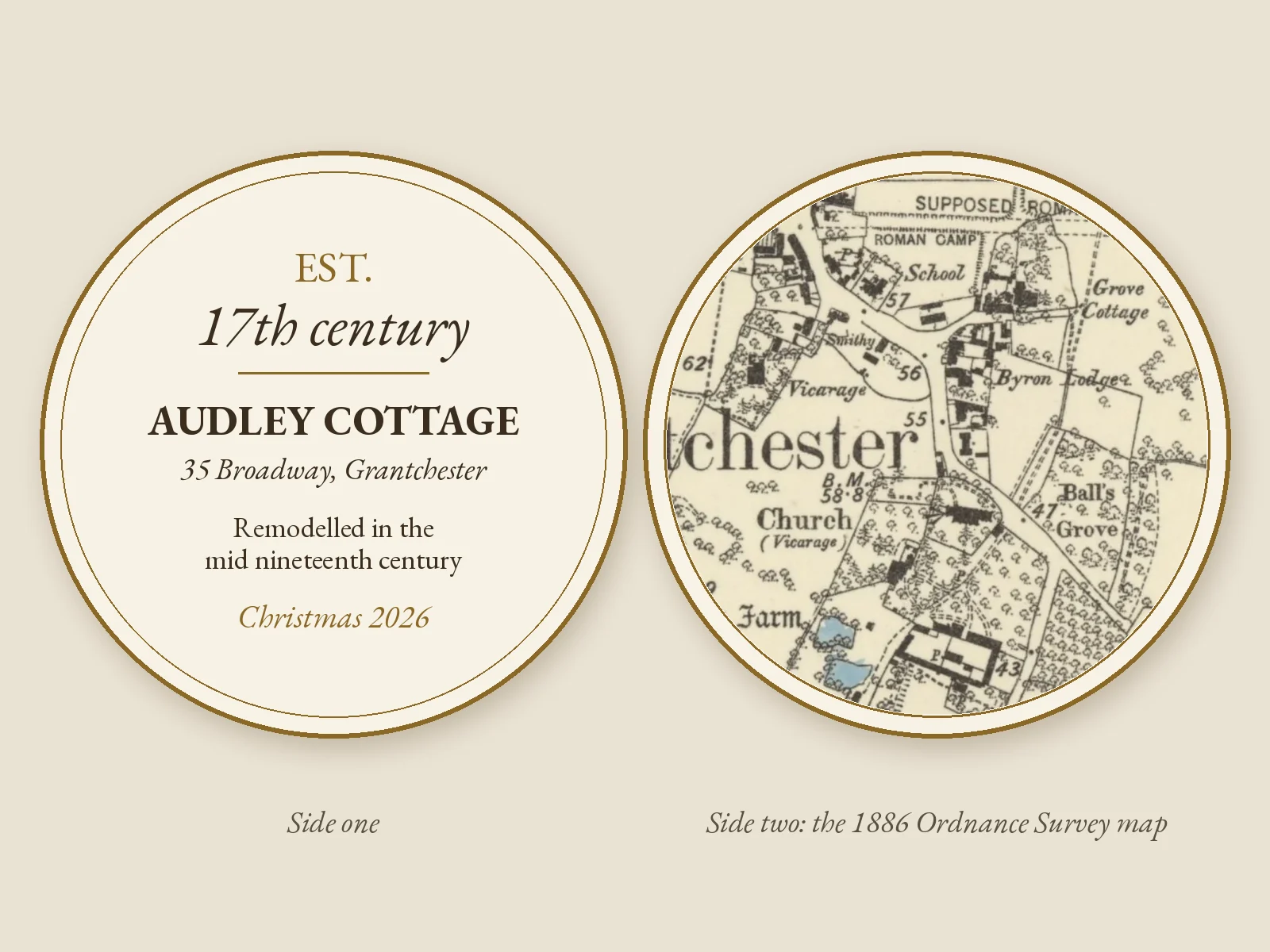 Illustration of the two sides of the printed insert for Audley Cottage, 35 Broadway, Grantchester, a listed house in our sample village: side one reads Est. 17th century, Audley Cottage, remodelled in the mid nineteenth century, Christmas 2026; side two is a circle of the 1886 Ordnance Survey map of Grantchester