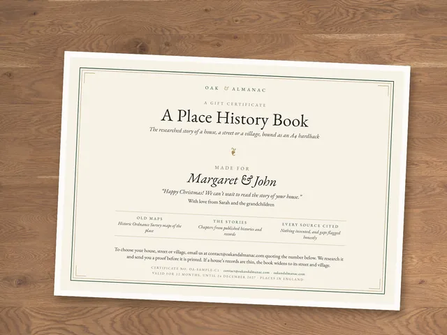 Our example gift certificate (sample names), printed at home on A4 and lying on an oak table
