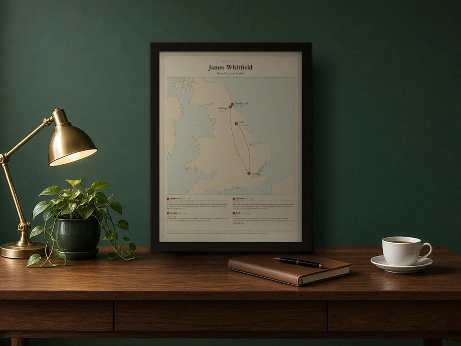 Our Life Map example print for James Whitfield (a sample name), framed on a desk in a styled study: the map runs from Sunderland and Durham to London and York