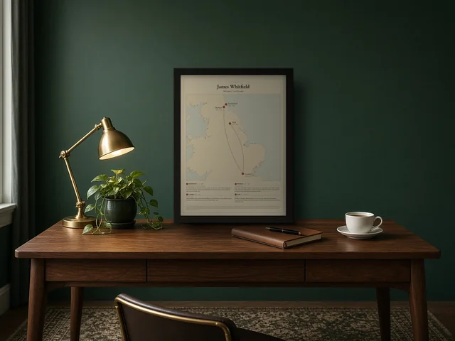 Life Map example print in a black frame, shown in a styled study setting on a walnut desk