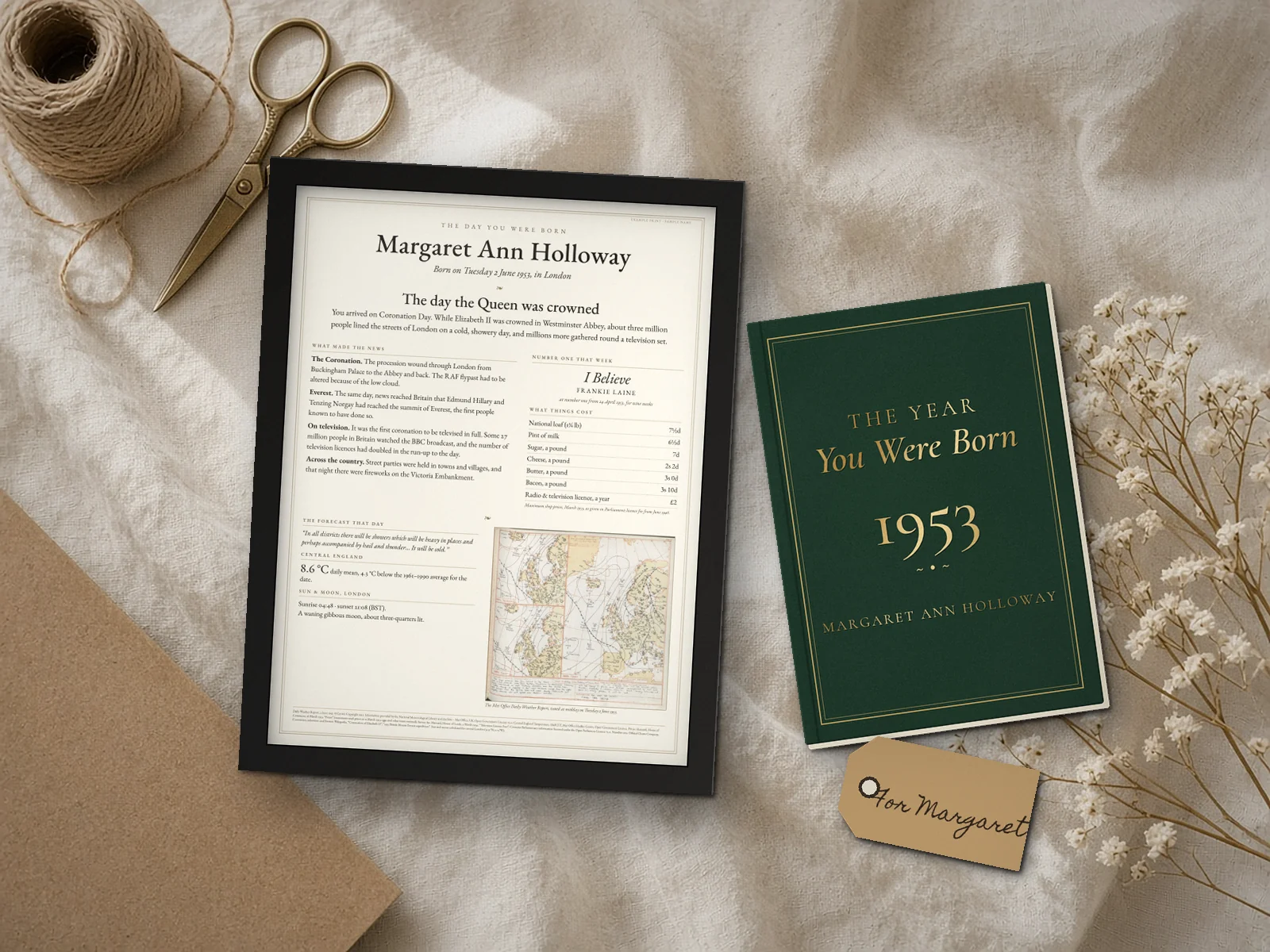The Milestone Birthday Set: our Day You Were Born example print for Margaret Ann Holloway (a sample name) in a black frame, beside an illustration of The Year You Were Born hardback and a gift tag, on linen