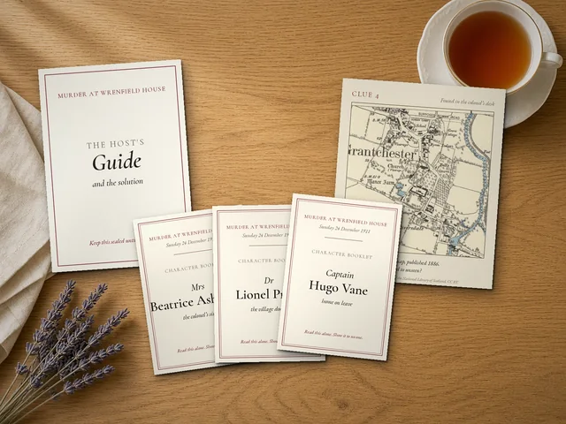 Styled example of the print-at-home game as printed on plain paper: a host guide, character booklets and an 1886 map clue, for a fictional house
