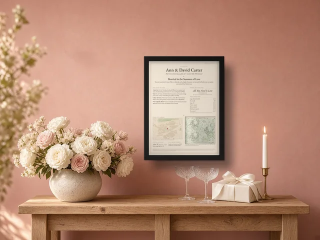 Our Day example print in a black frame, shown in a styled setting above an oak console with roses