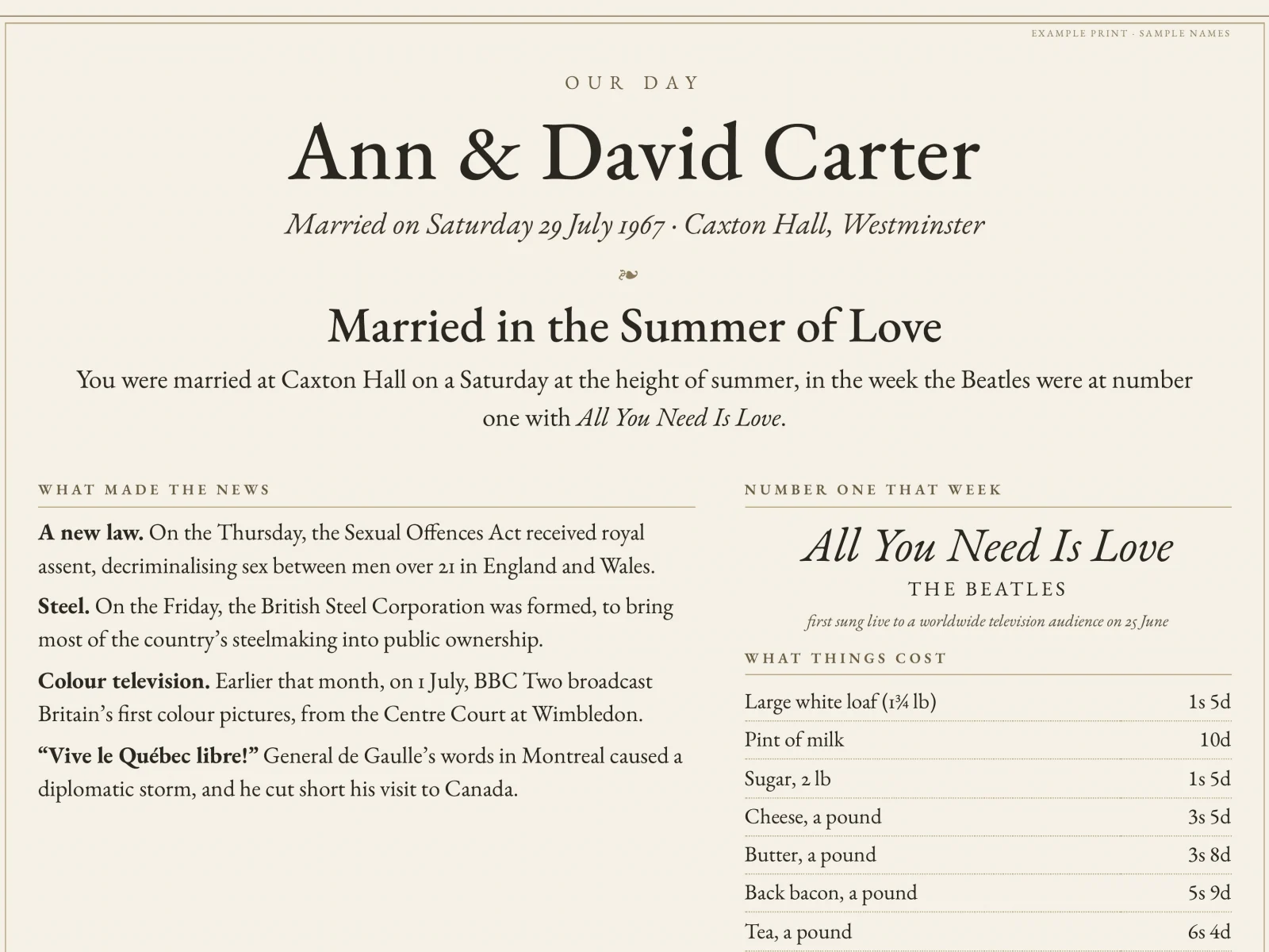 Our example Our Day print for Ann & David Carter (sample names), married on Saturday 29 July 1967 at Caxton Hall, Westminster: their names, the date and what made the news that week
