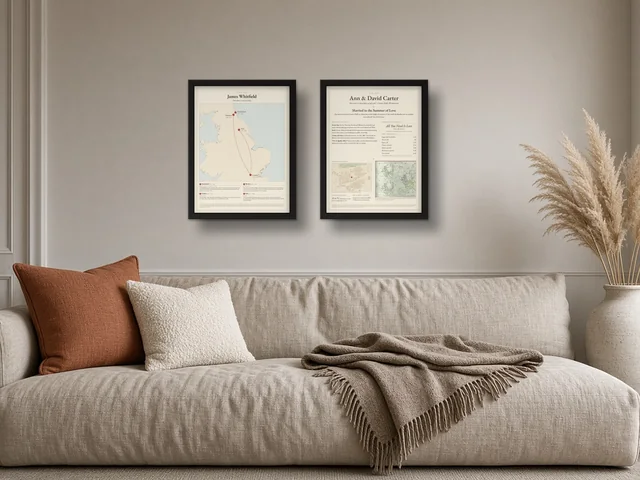 Our Life Map and Our Day example prints in black frames, side by side, shown in a styled room setting