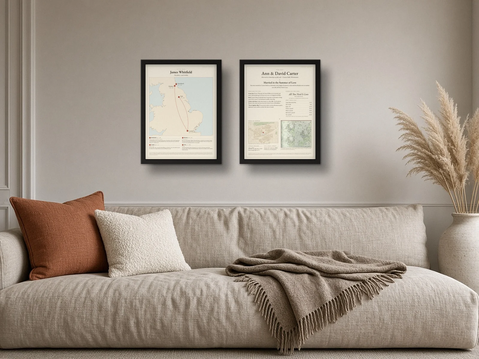Our Life Map and Our Day example prints in black frames, shown side by side in a styled room setting