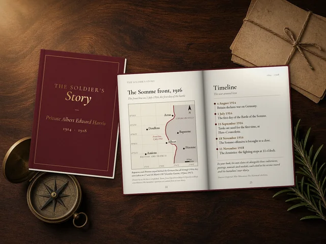 Illustration of The Soldier's Story hardback open at a map of the Somme front line on 1 July 1916 and a timeline, beside the closed cover, on a walnut desk