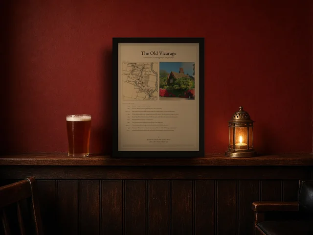 Street Through Time example print in a black frame, shown in a styled pub setting on a panelled ledge