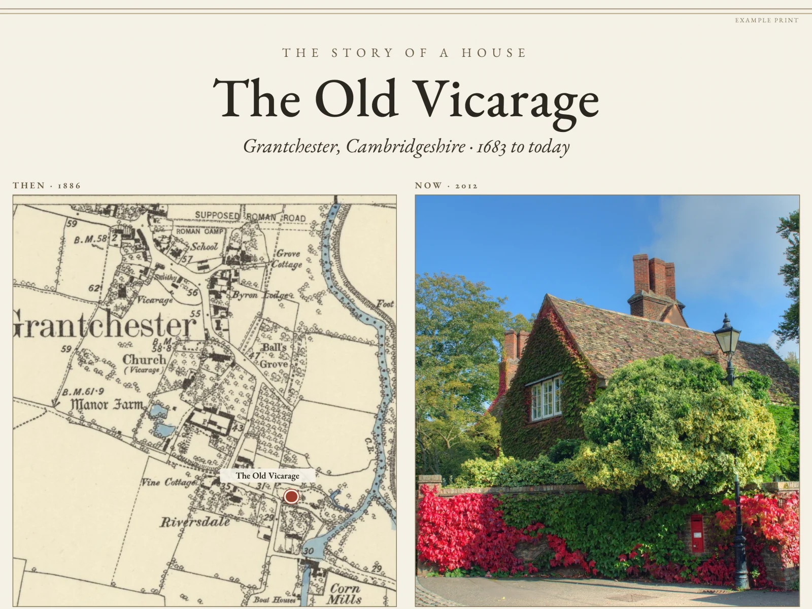 Our Street Through Time example print, The Story of a House, for the Old Vicarage, Grantchester: the title, the 1886 Ordnance Survey map and a 2012 photograph