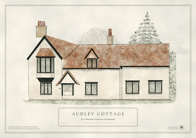 Illustration of Audley Cottage, Grantchester, in ink and watercolour style: a white cottage with a weathered tiled roof, two chimneys, a dormer and a porch, with a cedar and a bare tree behind