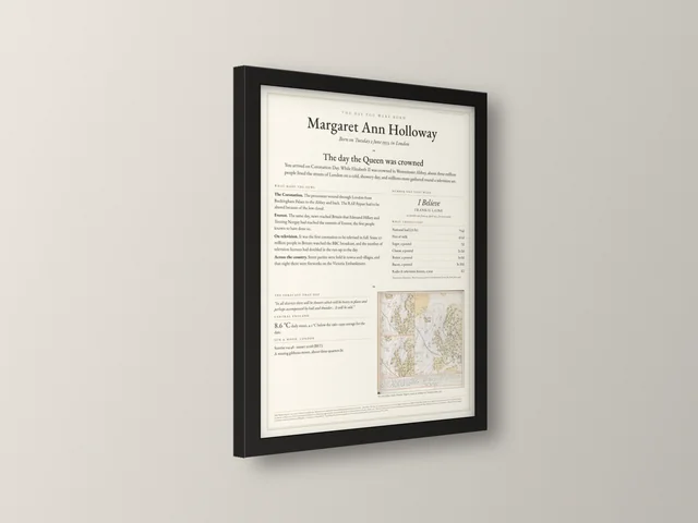 The Day You Were Born example print in the black 30×40 cm frame, seen from an angle to show the frame depth