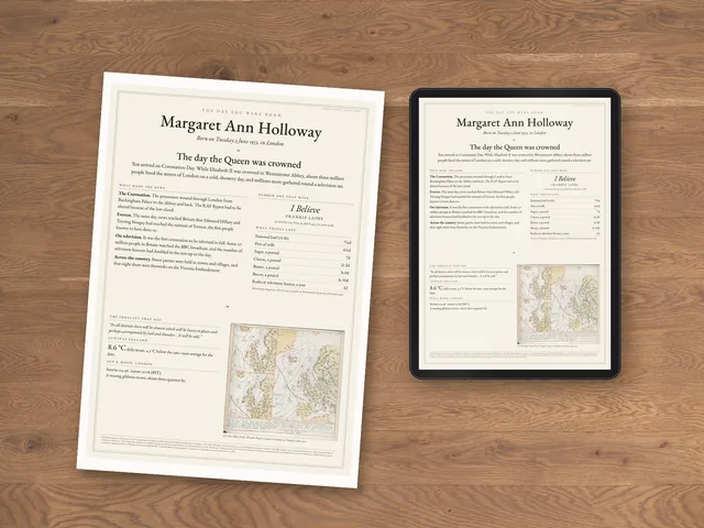 The Day You Were Born example as a printable PDF: printed at home on A4 paper, with white printer margins, beside a tablet showing the same file