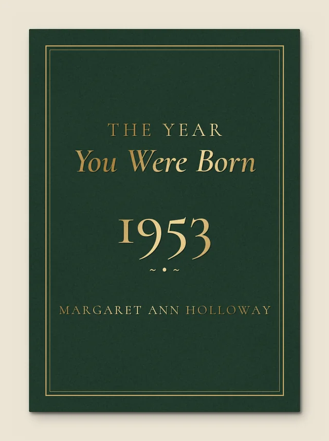 Illustration of the green cloth cover with gold lettering: The Year You Were Born, 1953, Margaret Ann Holloway (a sample name)