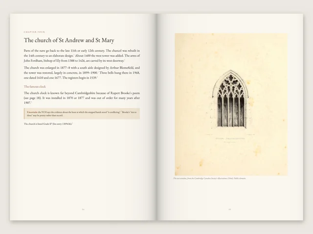 Pages 14 and 15 of our Grantchester sample, from the hardback print file, shown open: the church of St Andrew and St Mary