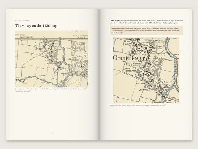Pages 8 and 9 of our Grantchester sample, from the hardback print file, shown open: Map detective, the village on the 1886 Ordnance Survey map, with things to spot