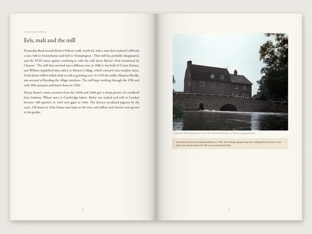 Pages 12 and 13 of our Grantchester sample, from the hardback print file, shown open: Eels, malt and the mill