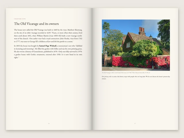 Pages 16 and 17 of our Grantchester sample, from the hardback print file, shown open: the Old Vicarage and its owners
