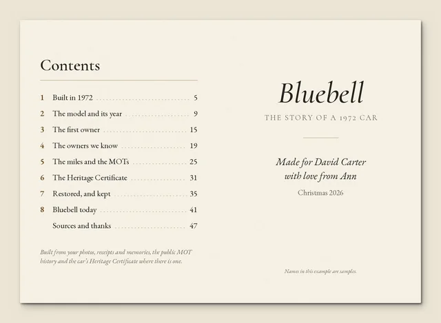 Illustrated sample spread: the contents page and the title page, made for David Carter by Ann (sample names)