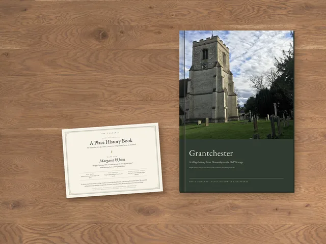 The 7 by 5 inch printed card version of the certificate beside a mock-up of our Grantchester sample hardback
