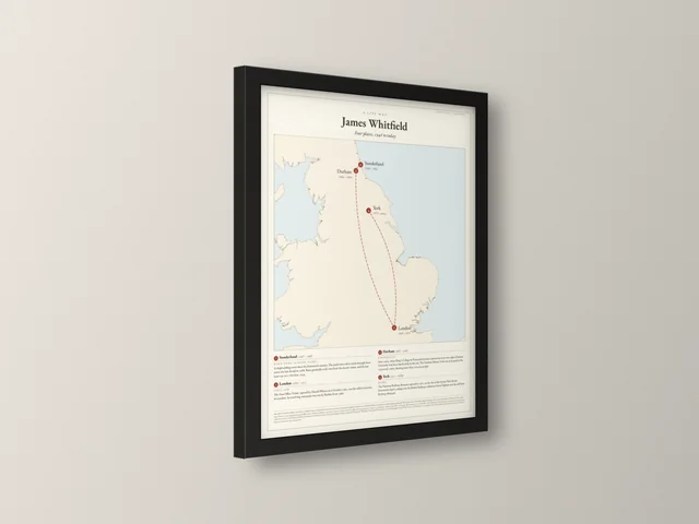 The Life Map example print in the black 30×40 cm frame, seen from an angle to show the frame depth