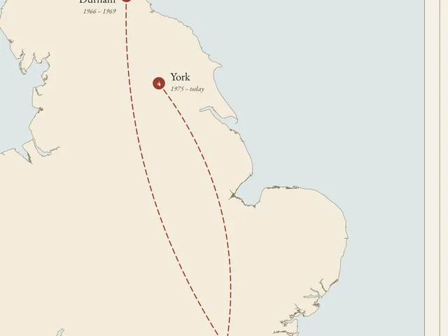 Detail of the Life Map example print: the route from Sunderland and Durham to London and then York