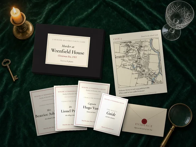 The printed game dressed up in a plain black box with a printed label, on green velvet. The box is your own and is not included