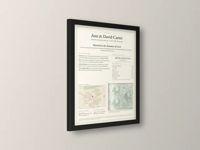 The Our Day example print in the black 30×40 cm frame, seen from an angle to show the frame depth