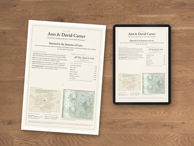 The Our Day example as a printable PDF: printed at home on A4 paper, with white printer margins, beside a tablet showing the same file